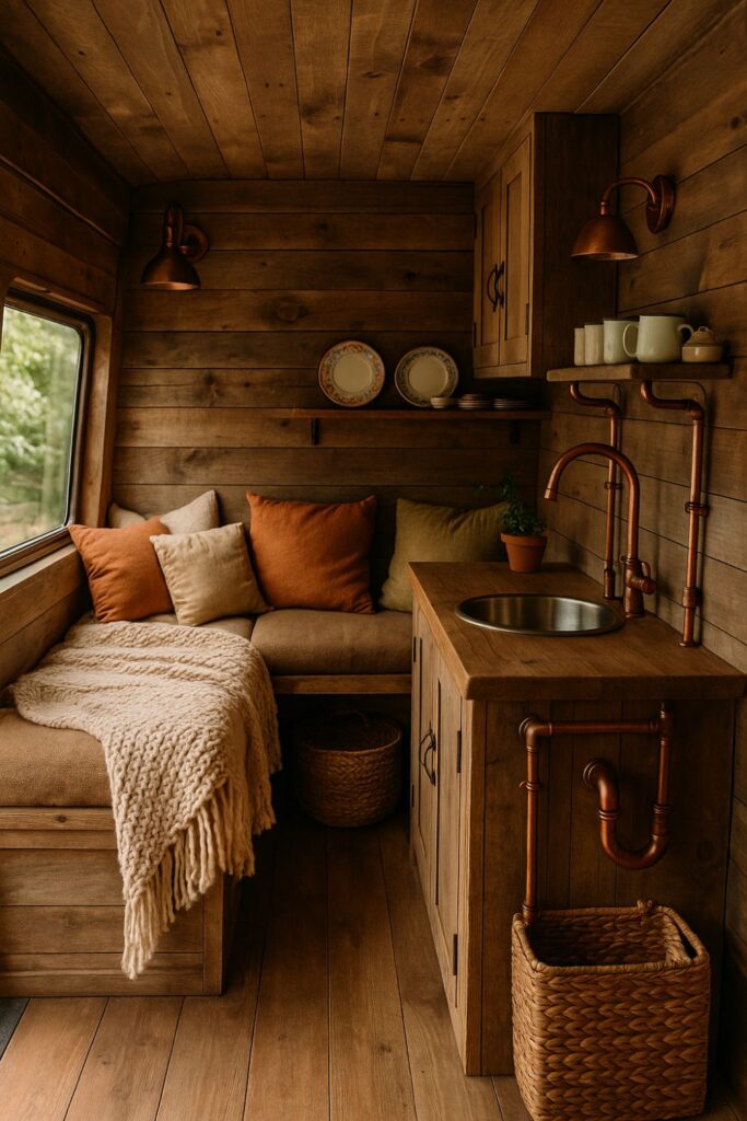 A camper van interior with vintage wooden crates used as storage drawers and shelves, next to a cream kitchenette and a cosy bed with a knit blanket.