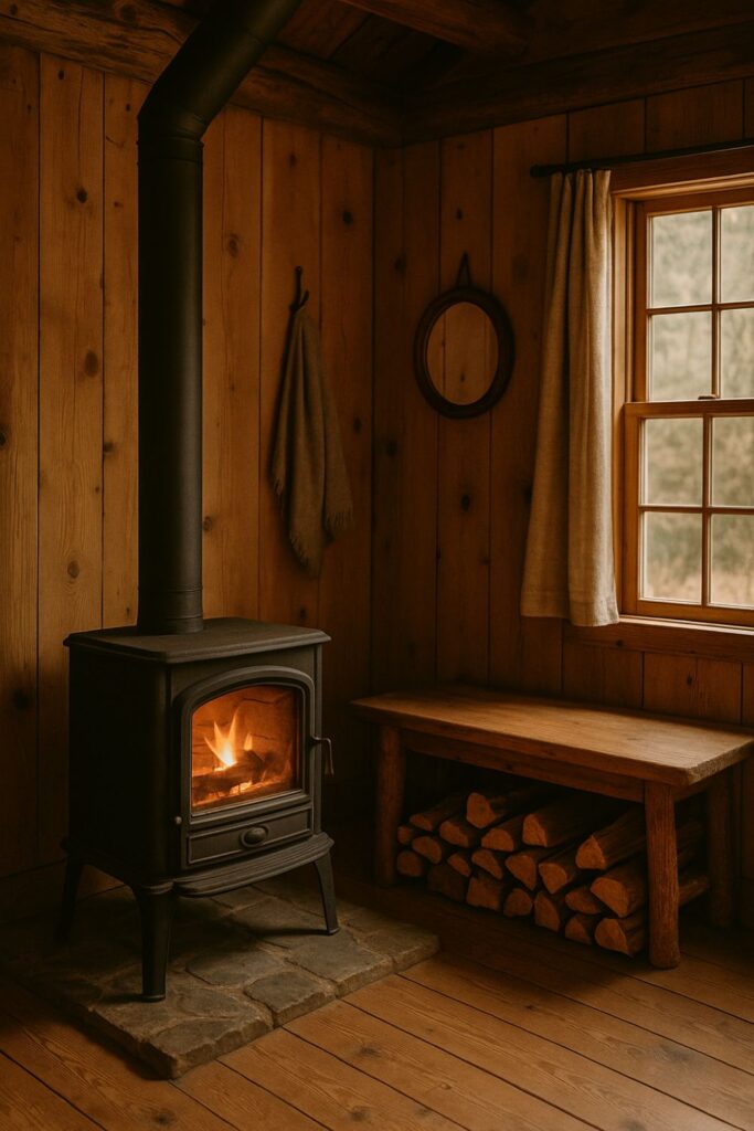 A rustic cabin interior with a classic black woodstove glowing against knotty pine walls, stacked logs under a wooden bench, and soft firelight illuminating a handmade space.