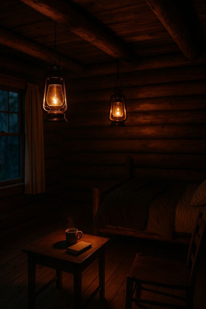A rustic log cabin bedroom at dusk, lit by two solar-powered lanterns hanging from wooden beams, with a bed in the background, a small wooden table with a steaming mug and book, and a window revealing darkened trees outside.