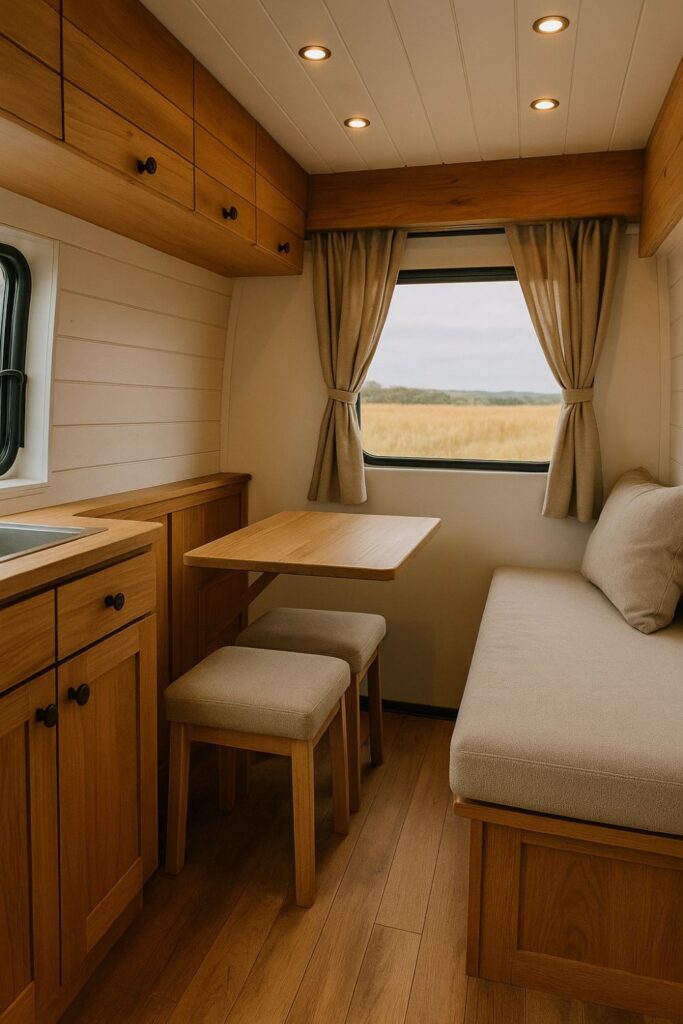 A camper van interior with a wooden fold-out table, two cushioned stools, warm cabinetry, and a clear space between table and bench seating.