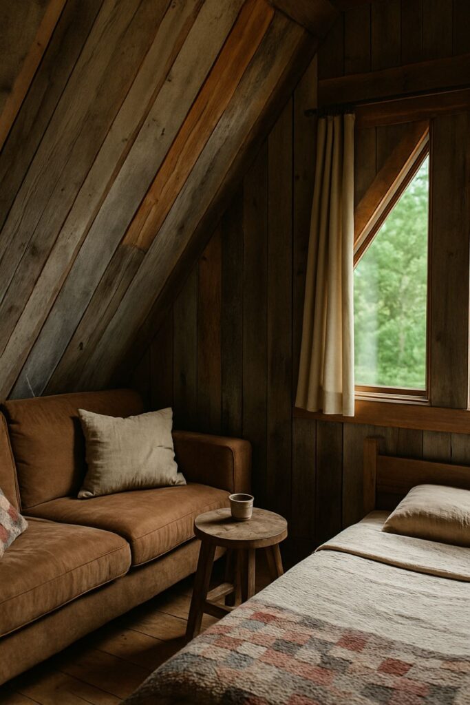 A rustic A-frame cabin interior with salvaged wood wall cladding in various shades of grey and brown, a brown sofa with a beige cushion, a simple wooden bed with a patchwork quilt, a round wooden stool, and a triangular window with beige curtains revealing lush greenery outside.