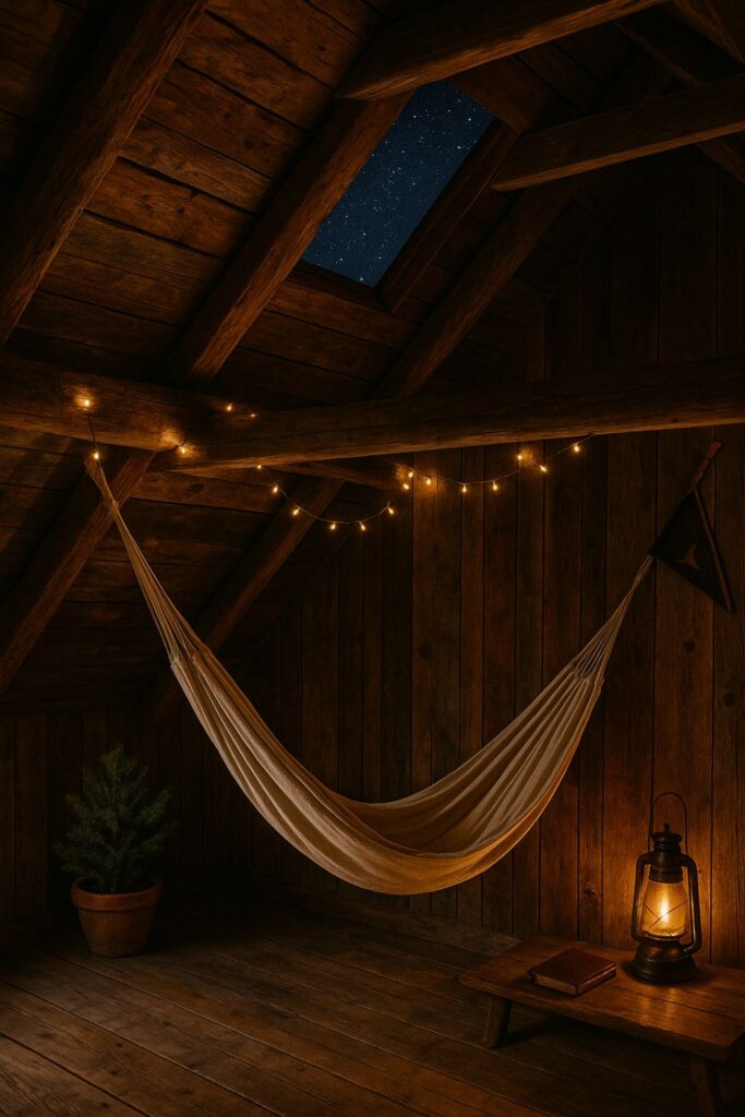 A rustic cabin loft interior with a white cotton hammock strung between exposed wooden beams, lit by fairy lights and a lantern on a low bench, with a skylight above showing a clear starry night sky.