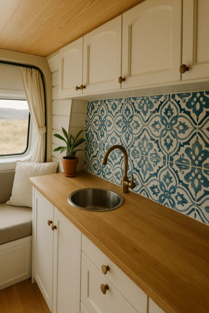 A camper van kitchenette with cream cabinets, a brass tap, wood countertop, and a Moroccan-style blue and white tile backsplash.