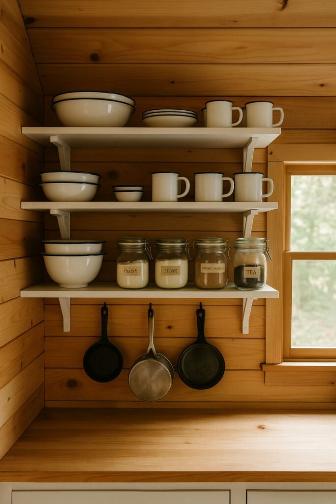 A rustic cabin kitchen corner with white open shelves holding enamel mugs, bowls, and jars labelled flour, sugar, and tea, set against pine wood walls with cast iron pans hanging below and a window to the side.
