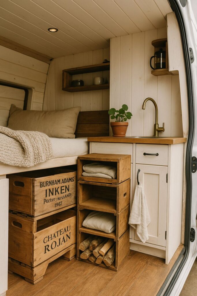 A camper van interior with vintage wooden crates used as storage drawers and shelves, next to a cream kitchenette and a cosy bed with a knit blanket.