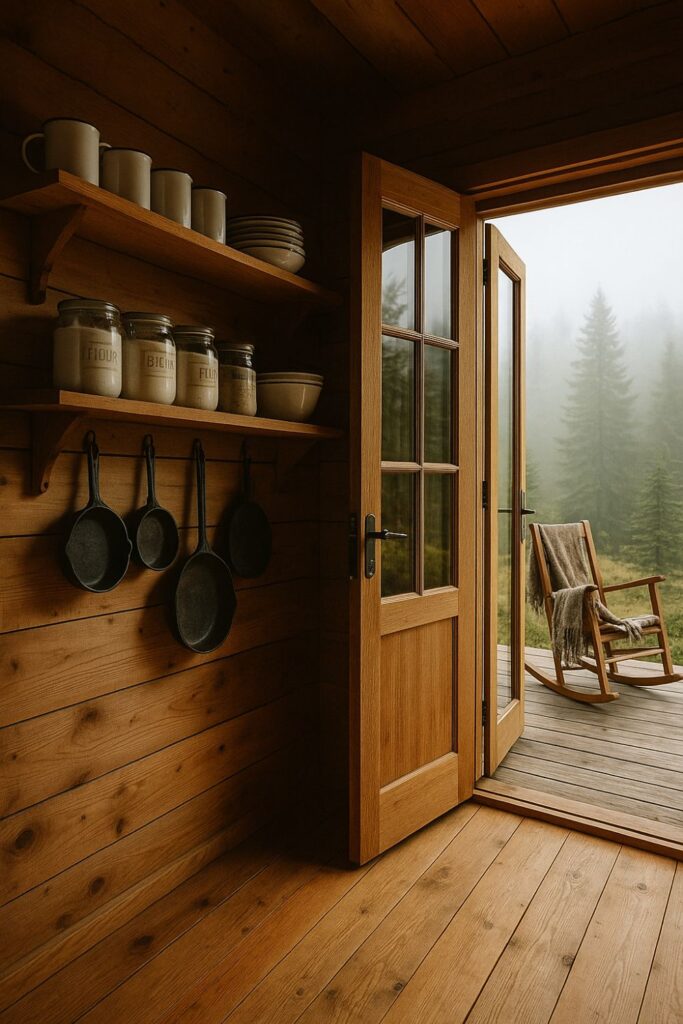 A rustic cabin kitchen corner with white open shelves holding enamel mugs, bowls, and jars labelled flour, sugar, and tea, set against pine wood walls with cast iron pans hanging below and a window to the side.