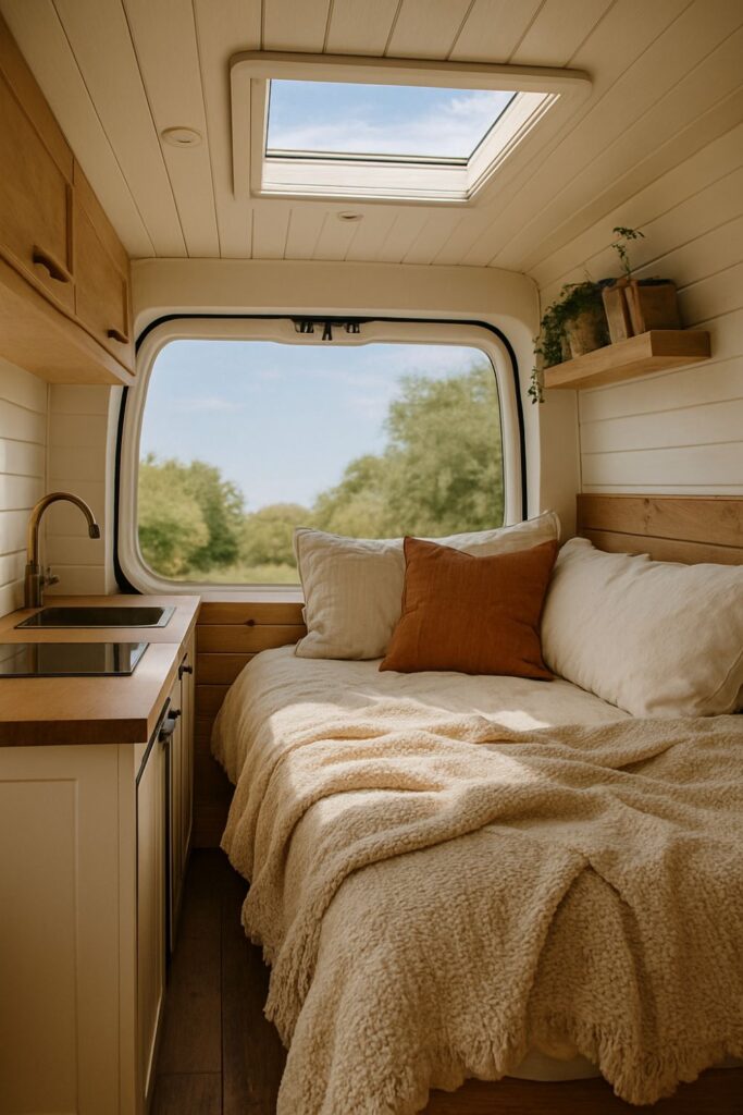 A camper van interior with a skylight above a cream-toned bed, wooden cabinetry, and a rear window looking out onto green trees.