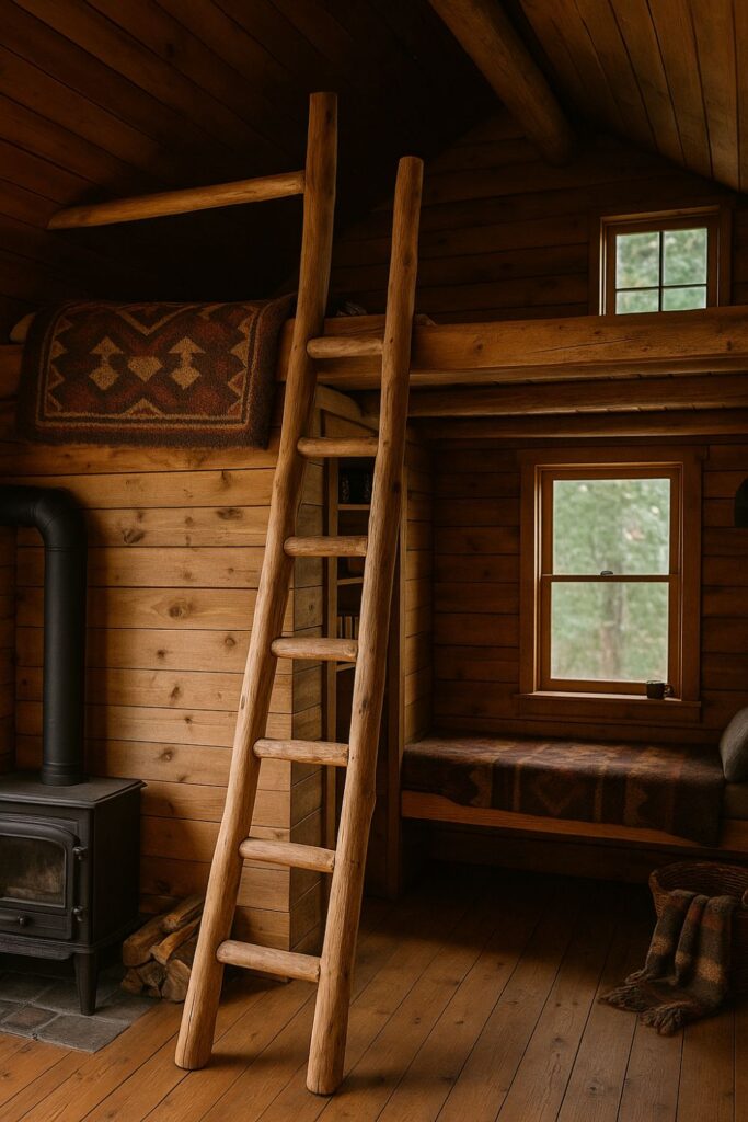 A warm log cabin interior with a rustic wooden ladder leading to a loft bed draped in a wool blanket, a black woodstove nearby with stacked logs beneath, and a window seat covered in a brown patterned blanket with a ceramic mug on the sill.