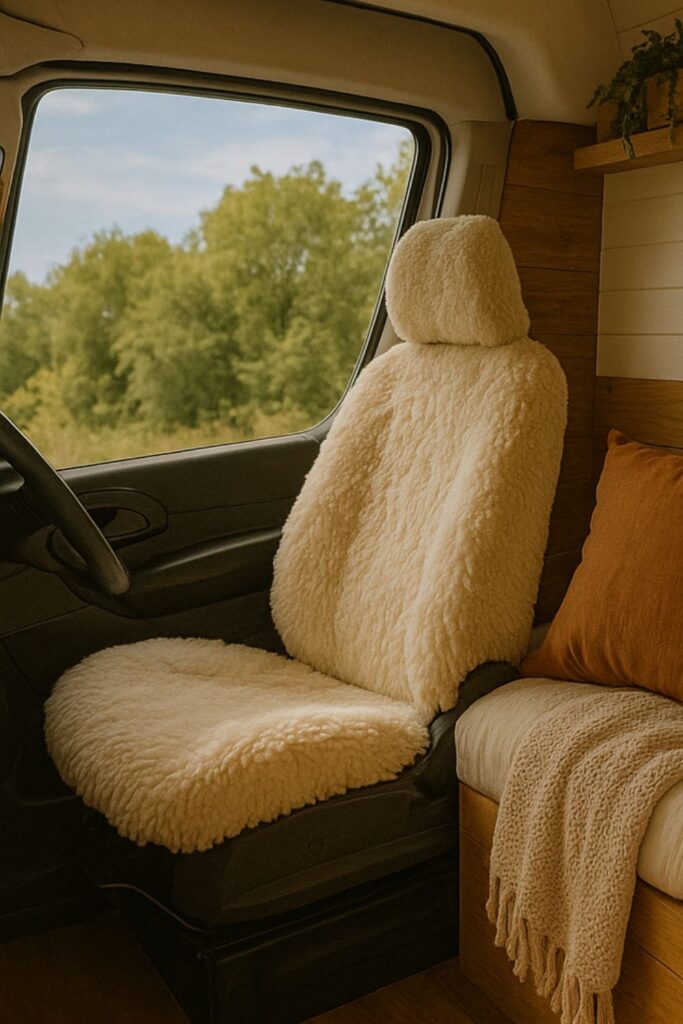 A realistic front interior of a camper van with both seats facing forward, the driver’s seat covered in sheepskin, beside a cosy bench and wood cabinetry.