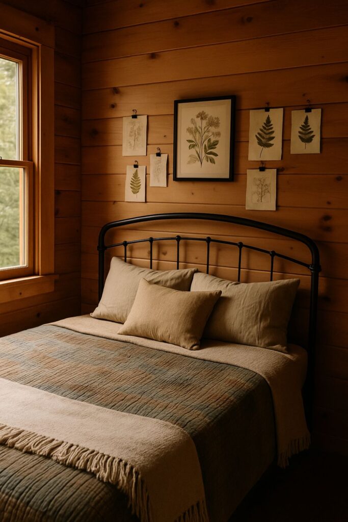 A rustic cabin bedroom with honey-toned wooden walls, a black metal bed frame made up with neutral-toned pillows and a patchwork quilt, and a collection of framed and pinned botanical illustrations and pressed ferns arranged above the bed.