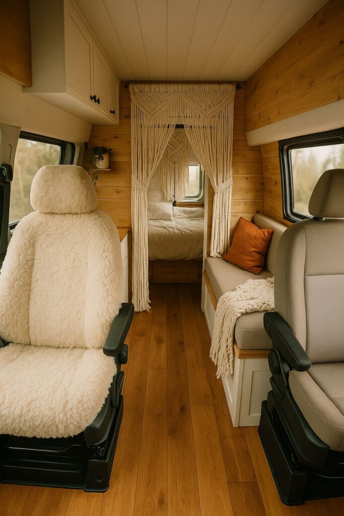 A camper van interior with a handmade macramé curtain dividing the bed area from the main cabin, surrounded by wood walls, cosy textiles, and forward-facing front seats.