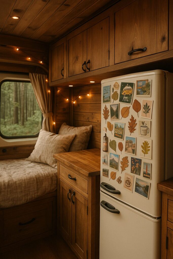 A camper van fridge covered in postcards and pressed leaves, with wood cabinetry, a bed with linen pillows, and string lights glowing softly.