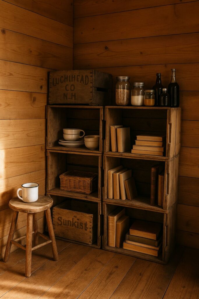 A rustic corner of a cabin with honey-toned wood walls and floor, stacked wooden crates used as open shelving holding pantry jars, ceramic dishes, and books, with old logos like “Sunkist” visible, and a small wooden stool holding an enamel mug nearby.