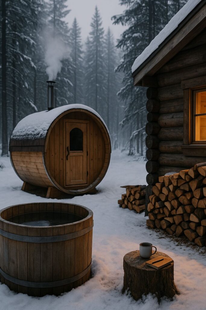 A snowy winter scene outside a rustic log cabin with a cedar barrel sauna releasing steam, a cold plunge tub nearby, a pile of stacked firewood against the cabin, and a tree stump table with a steaming mug and notebook beside it, all set within a forest of tall pine trees.