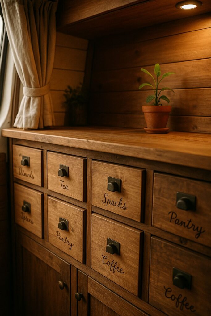 A camper van kitchen with wood-burned labels on drawers and cupboards, surrounded by warm-toned wood and soft natural light.