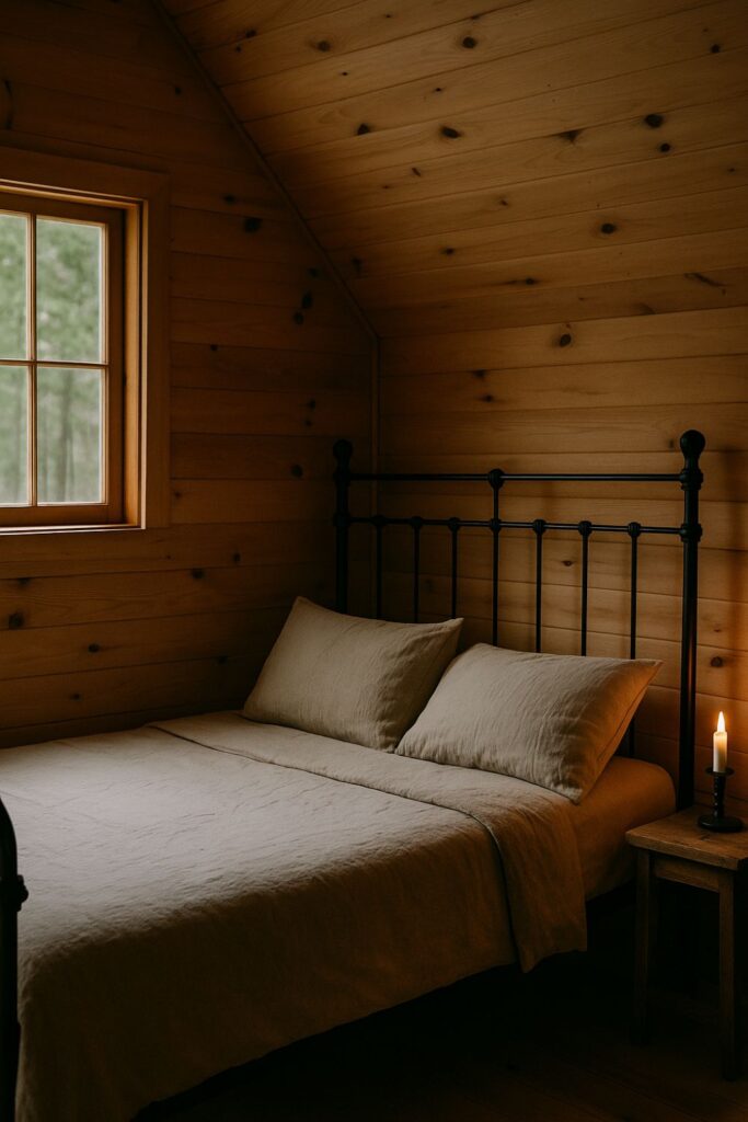 A rustic bedroom inside a wooden cabin with honey-toned timber walls, a black iron bedframe dressed in natural flax linen bedding, a wooden bedside table holding a lit candle, and a window letting in soft daylight and a forest view.