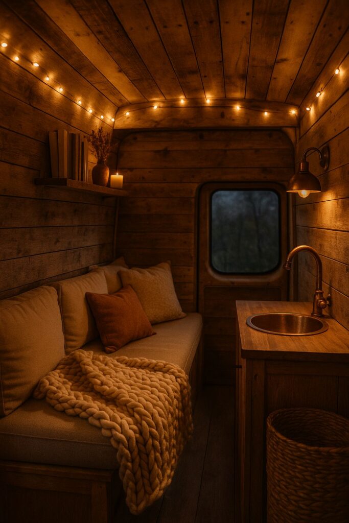 A camper van bed with cream and beige throws, fairy lights on the ceiling, and a back window showing pine trees outside.