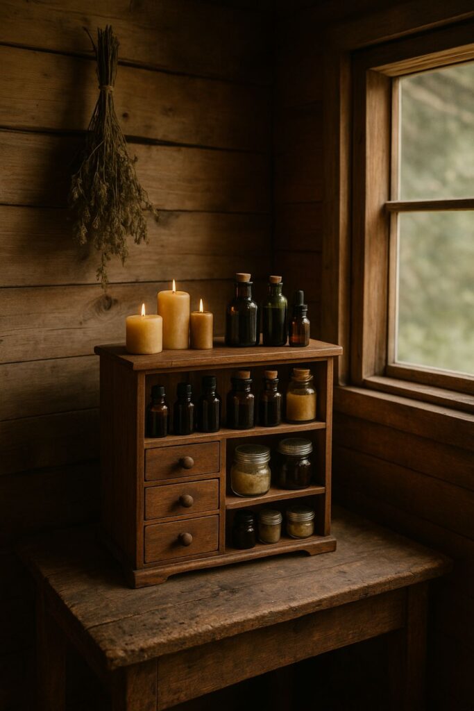 A rustic wooden apothecary cabinet inside a cabin, set on a worn table beside a window, filled with amber tincture bottles, beeswax candles, and glass jars of herbal salves, with dried herbs hanging on the wooden wall.