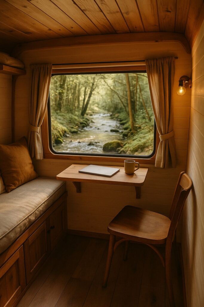 A camper van interior with a fold-out desk facing a window view of a forest, with a stool, mug, and notepad on the surface.