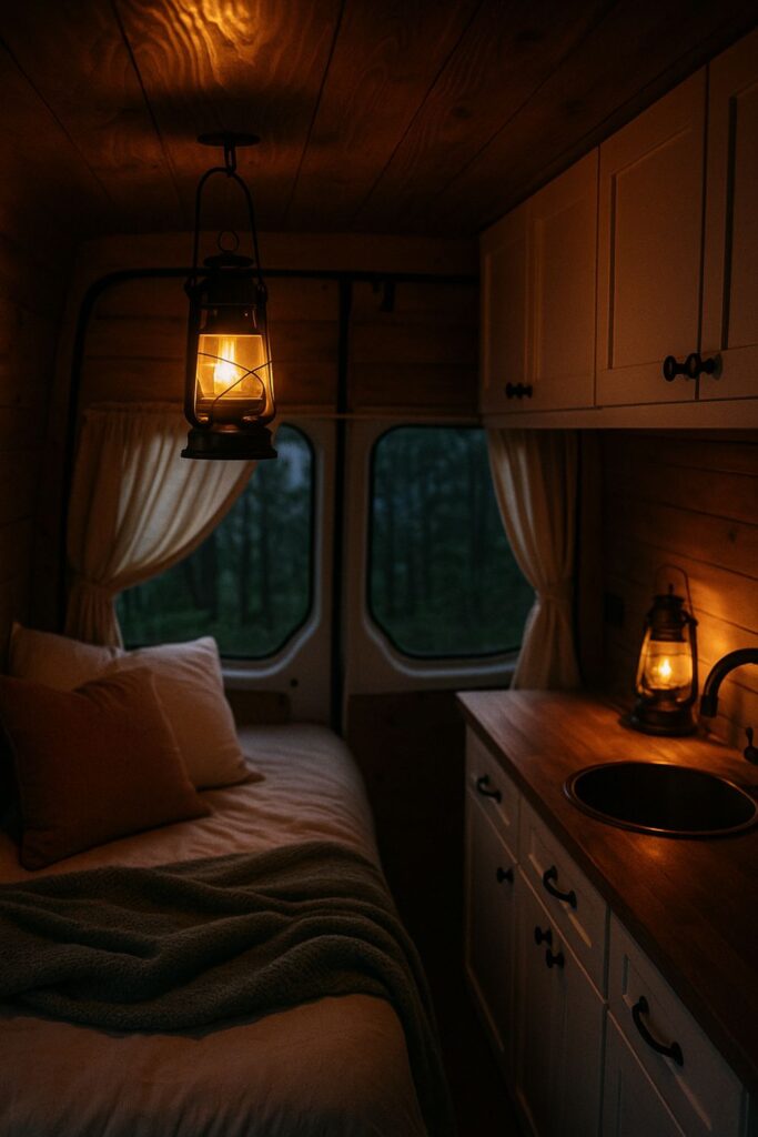 A warmly lit camper van interior at dusk, with hanging and countertop lanterns illuminating a bed, wood cabinets, and cream curtains.
