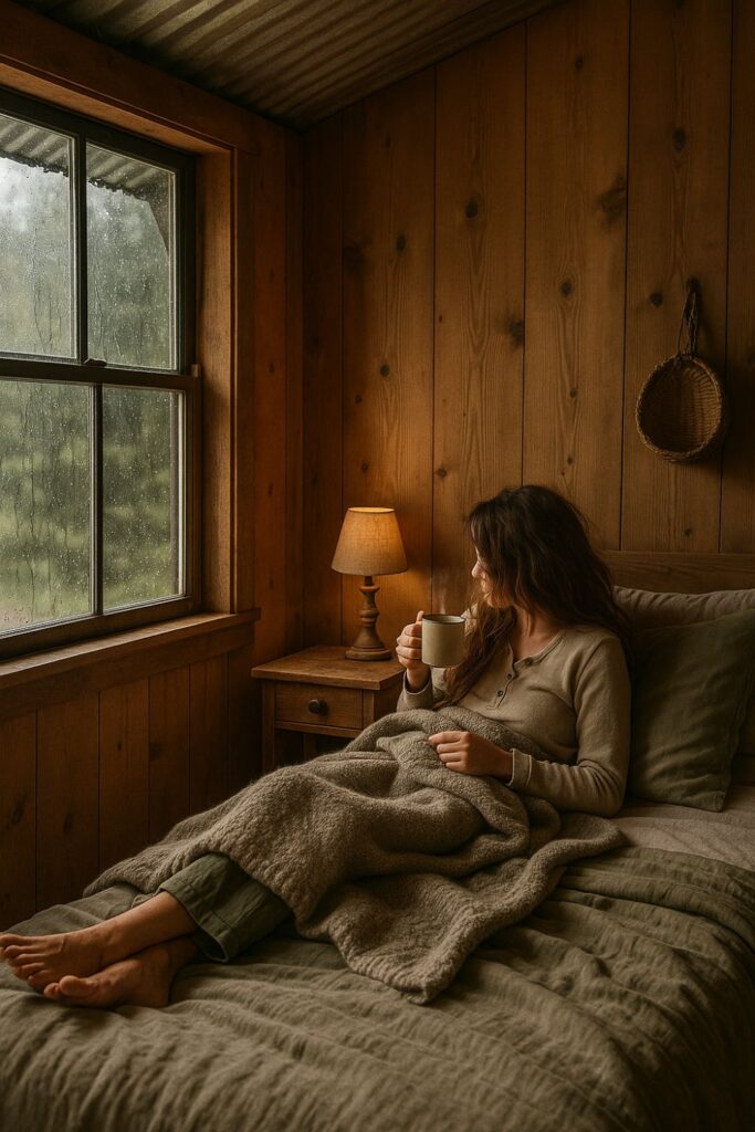 A rustic cabin bedroom with wood-panelled walls and a tin roof, where a woman sits in bed under a wool blanket sipping tea, a ceramic lamp glowing on the wooden bedside table, and rain falling gently outside the window.