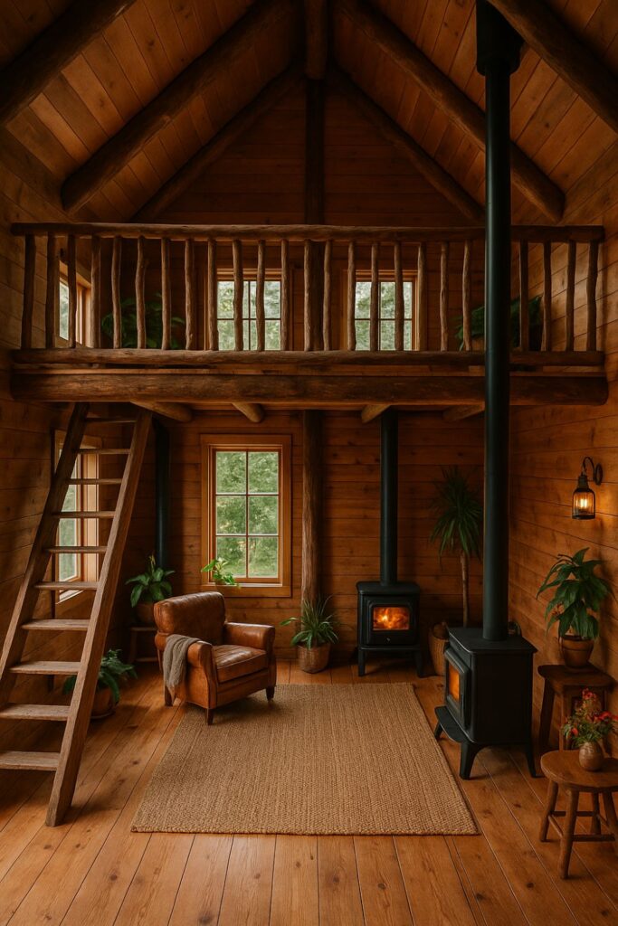 A warm off-grid log cabin interior with tall ceilings, a wooden sleeping loft with pine sapling railings, a ladder leading up, a black woodstove burning in the corner, a leather armchair with a grey throw, potted plants, and tall windows letting in natural light.