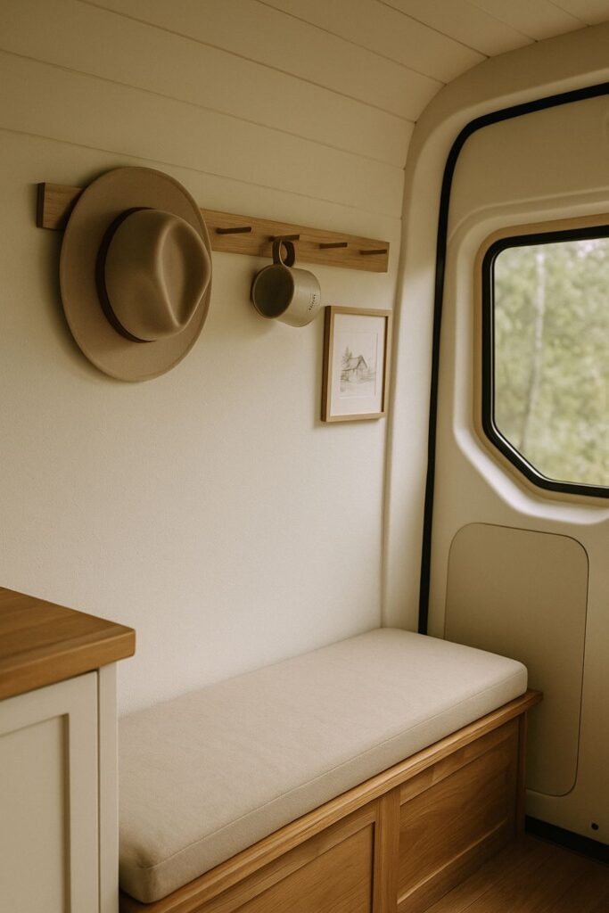 A camper van corner with a Shaker-style wooden peg rail on the wall, holding hats, towels, and mugs, with soft light and pale wood cabinetry.