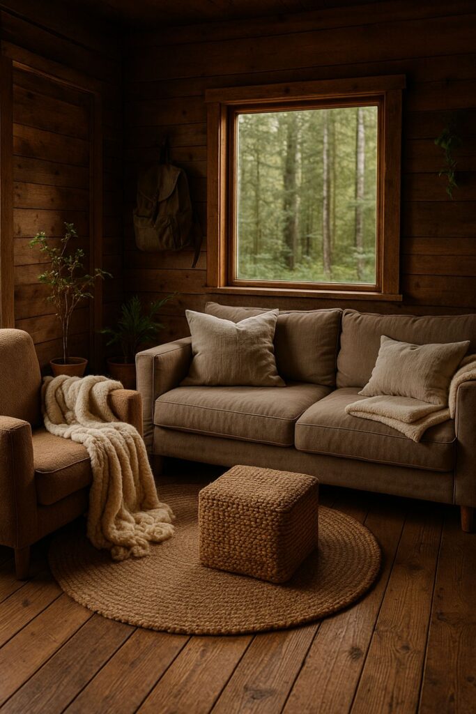 A rustic cabin living room with wood floors and walls, a taupe sofa with linen pillows, a beige armchair draped in a fleece throw, a woven jute rug and ottoman, potted plants, and a large window framing green trees outside.