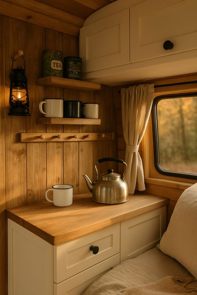 A compact van kitchen corner with enamel mugs, a kettle, tea tins, and warm wood cabinetry, bathed in golden sunlight beside a curtained window.