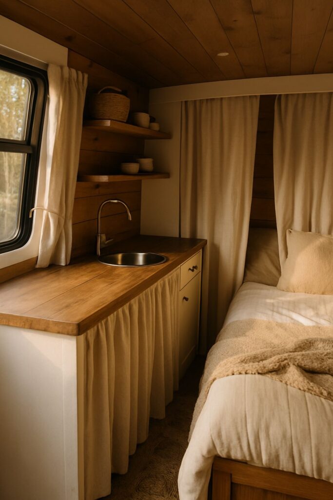 A cosy camper van kitchen with linen curtain panels instead of cabinet doors, set beneath a wood counter and surrounded by earthy, rustic textures.