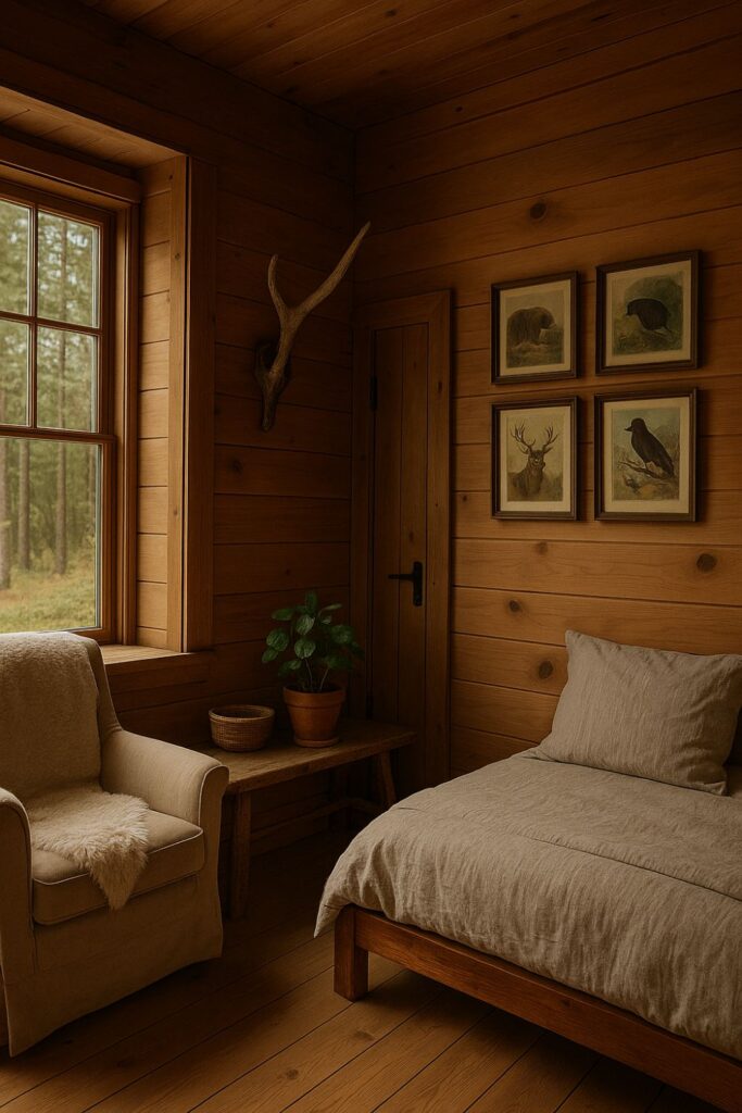 A rustic cabin bedroom corner with wooden walls, a beige armchair draped in a fleece throw, a bench topped with a potted plant and basket, a low wooden bed with linen bedding, and four framed vintage wildlife prints of deer and birds hung above the bed.