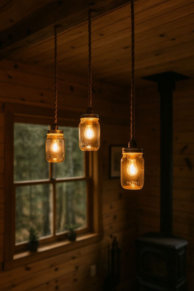 Three warm-glowing Mason jar pendant lights hanging from rope cords in a rustic cabin with wood-paneled walls, a window overlooking a green forest, and a black woodstove in the background.