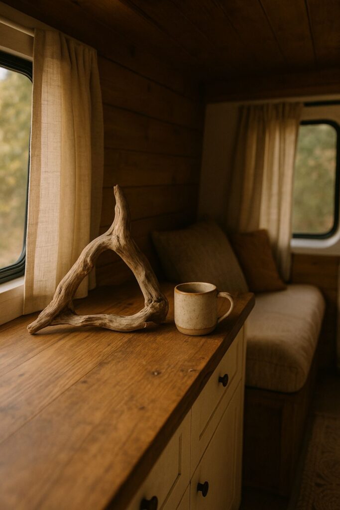 A camper van interior with a handmade ceramic mug on a wood shelf, surrounded by dried flowers, linens, and soft natural light filtering through a nearby window.