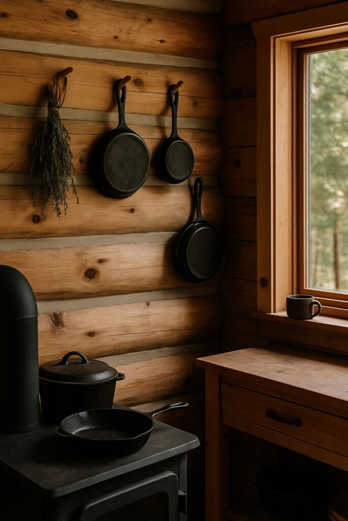 A rustic log cabin kitchen corner with cast iron skillets hanging on pine walls beside a dried herb bundle, a black wood-burning stove with a Dutch oven and skillet on top, a wooden counter, and a window with a view of the forest.