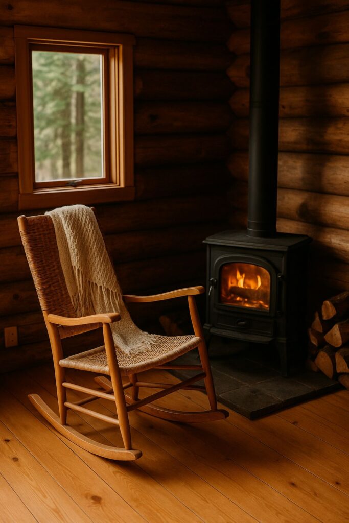 A rustic log cabin corner with honey-toned wood floors and walls, a woven wooden rocking chair draped with a knitted cream shawl beside a black cast iron woodstove with visible flames, and a small window looking out to a pine forest.