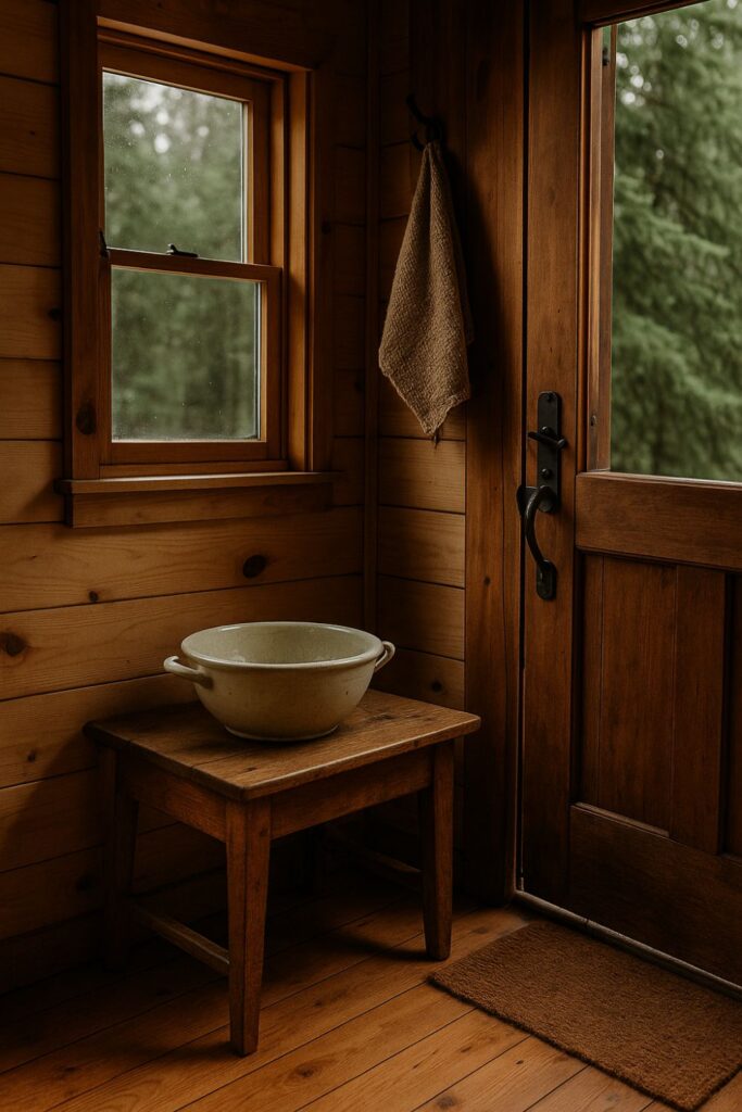 A rustic cabin corner with honey-hued wood walls and a door, a ceramic rainwater basin sitting on a wooden table, a burlap sack hanging nearby, and soft daylight filtering through a window with green foliage outside.