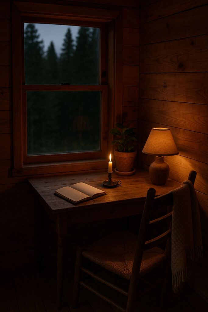 A rustic writing nook with a wooden desk, an open notebook, a candle in a brass holder, and a potted plant beside a tall window showing a shadowy forest at twilight.