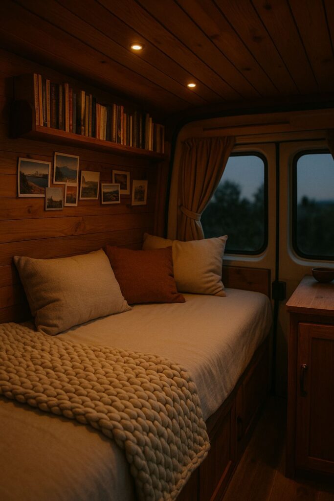 A camper van interior with a shelf above the bed filled with books and trinkets, soft bedding below, and a curtain filtering the light.