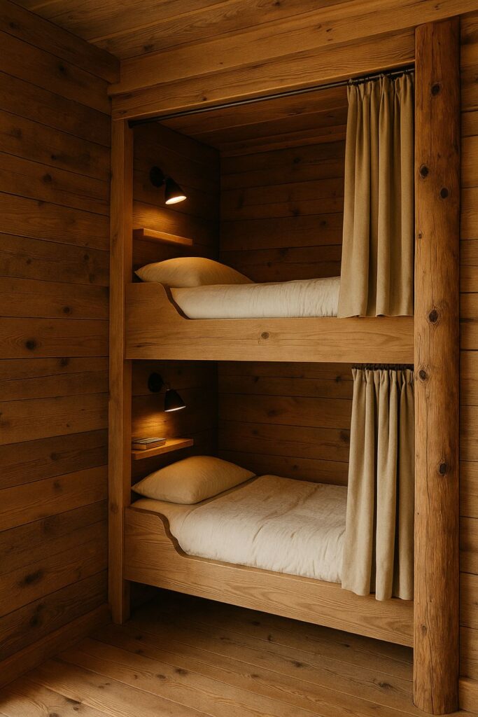 A warm wooden cabin interior with built-in bunk beds, each with its own lamp, privacy curtain, and bookshelf, set into the wall with cosy blankets and pillows.