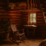 A wide-angle view of a cosy off-grid cabin interior featuring exposed timber beams, a crackling black woodstove, built-in wooden shelves, a woven rug, and warm ambient lighting. Large windows frame the surrounding forest, while natural textures like wool throws, wooden furniture, and stacked logs add rustic charm.