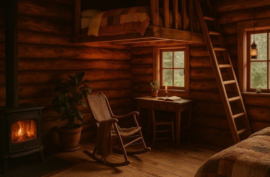 A wide-angle view of a cosy off-grid cabin interior featuring exposed timber beams, a crackling black woodstove, built-in wooden shelves, a woven rug, and warm ambient lighting. Large windows frame the surrounding forest, while natural textures like wool throws, wooden furniture, and stacked logs add rustic charm.
