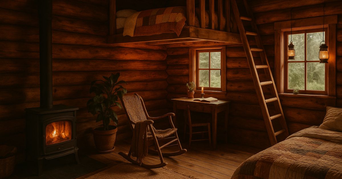 A wide-angle view of a cosy off-grid cabin interior featuring exposed timber beams, a crackling black woodstove, built-in wooden shelves, a woven rug, and warm ambient lighting. Large windows frame the surrounding forest, while natural textures like wool throws, wooden furniture, and stacked logs add rustic charm.