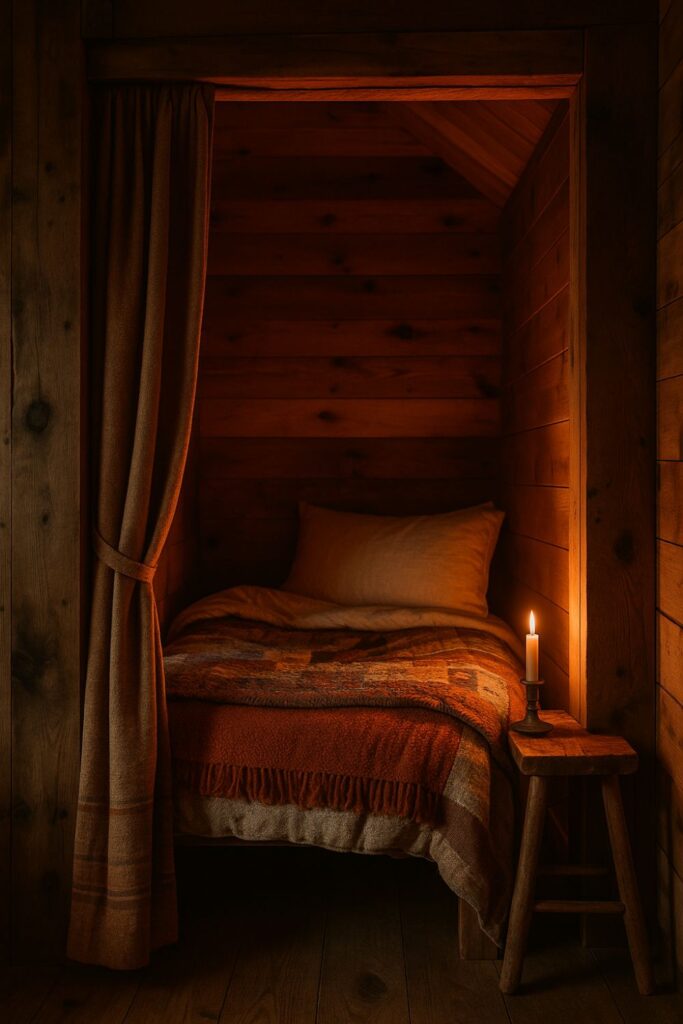 A cosy sleeping nook in a rustic cabin, framed by warm pine wood, with a curtain partially drawn back, a bed made with earth-toned blankets and linen pillows, and a candle burning on a wooden stool.