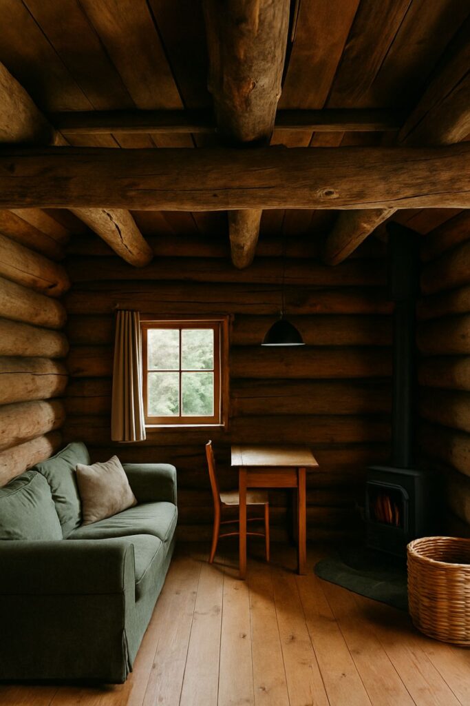 A rustic log cabin interior with raw, weathered timber beams overhead, wooden plank walls, warm lighting, and a window showing pine trees outside.