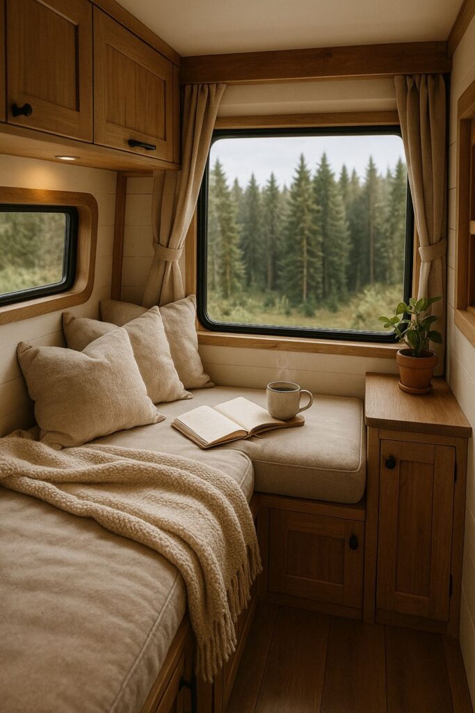 A camper van interior with a cushioned bench under the back window, open curtains revealing a forest view, and a mug and journal on the seat.
