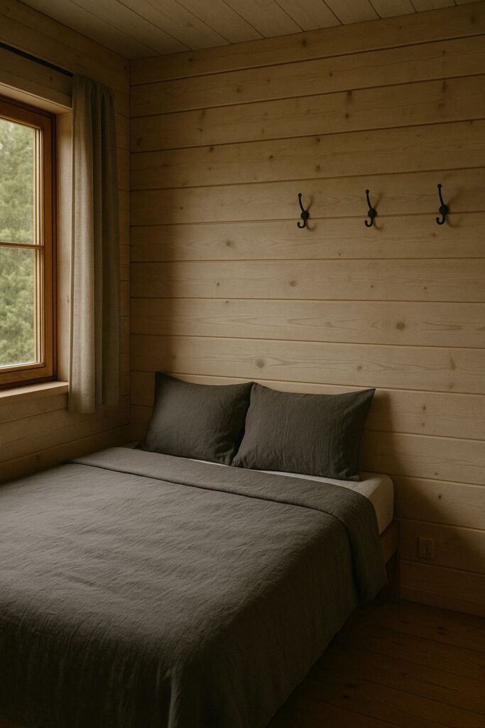 A minimalist off-grid cabin bedroom with pale birch walls, charcoal linens on a low bed, black iron wall hooks, and a small window letting in soft daylight.