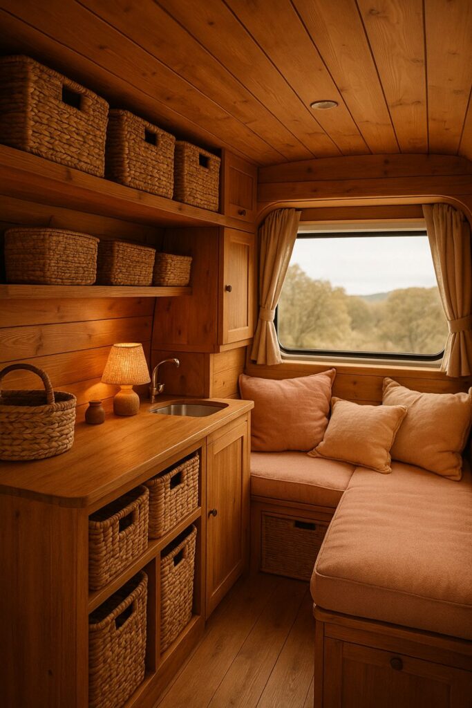 A camper van interior with woven baskets used for storage under the bed and shelves, surrounded by cream and wood finishes.
