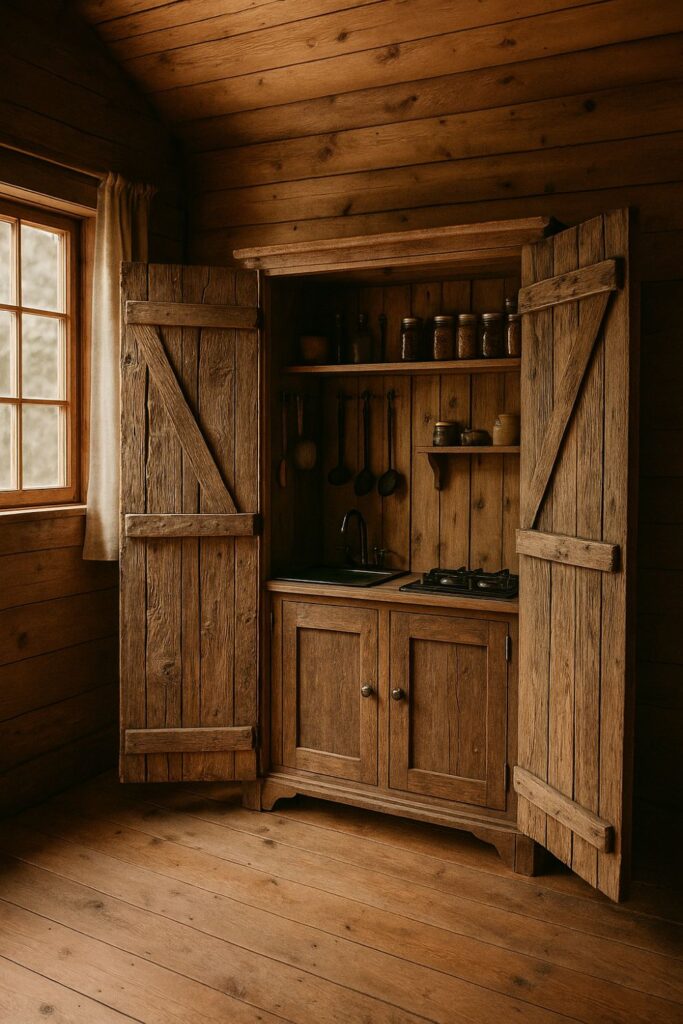 A rustic kitchenette concealed inside a cupboard with open barn doors, showing a compact sink, gas hob, spice jars, enamelware, and wooden shelving inside.
