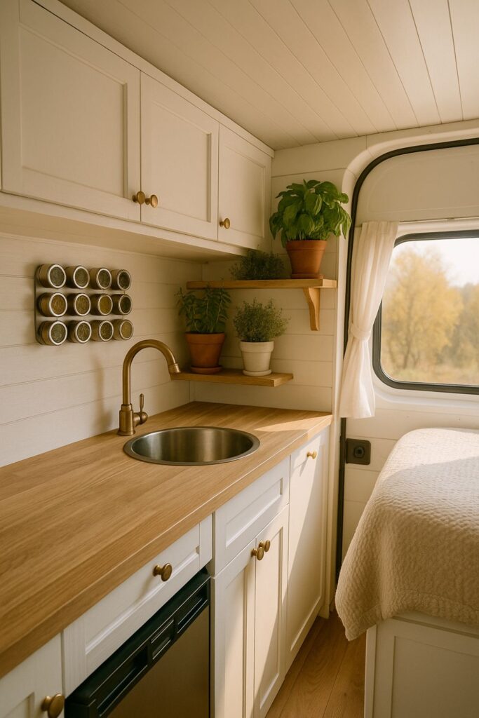 A camper van kitchenette with herb pots and spice jars on a wall-mounted rack, with rosemary and basil growing near a sunny window.