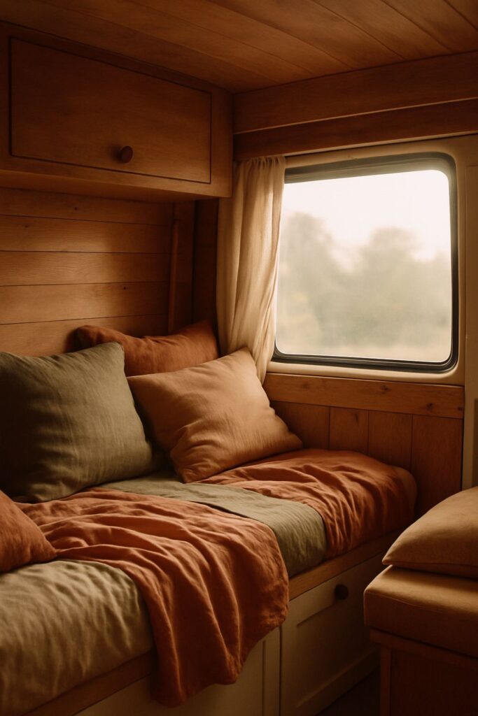 A camper van bed with linens in earthy tones like terracotta, sand, and olive, surrounded by wood cabinetry and soft natural light.